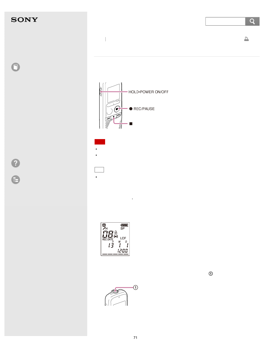 Recording sound from the built-in microphone, Help guide, How to use | Troubleshooting list of topics, Icd-bx132 | Sony ICD-BX132 User Manual | Page 77 / 179