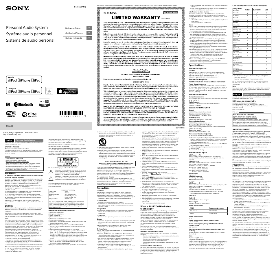 Sony SRS-X9 User Manual | 2 pages