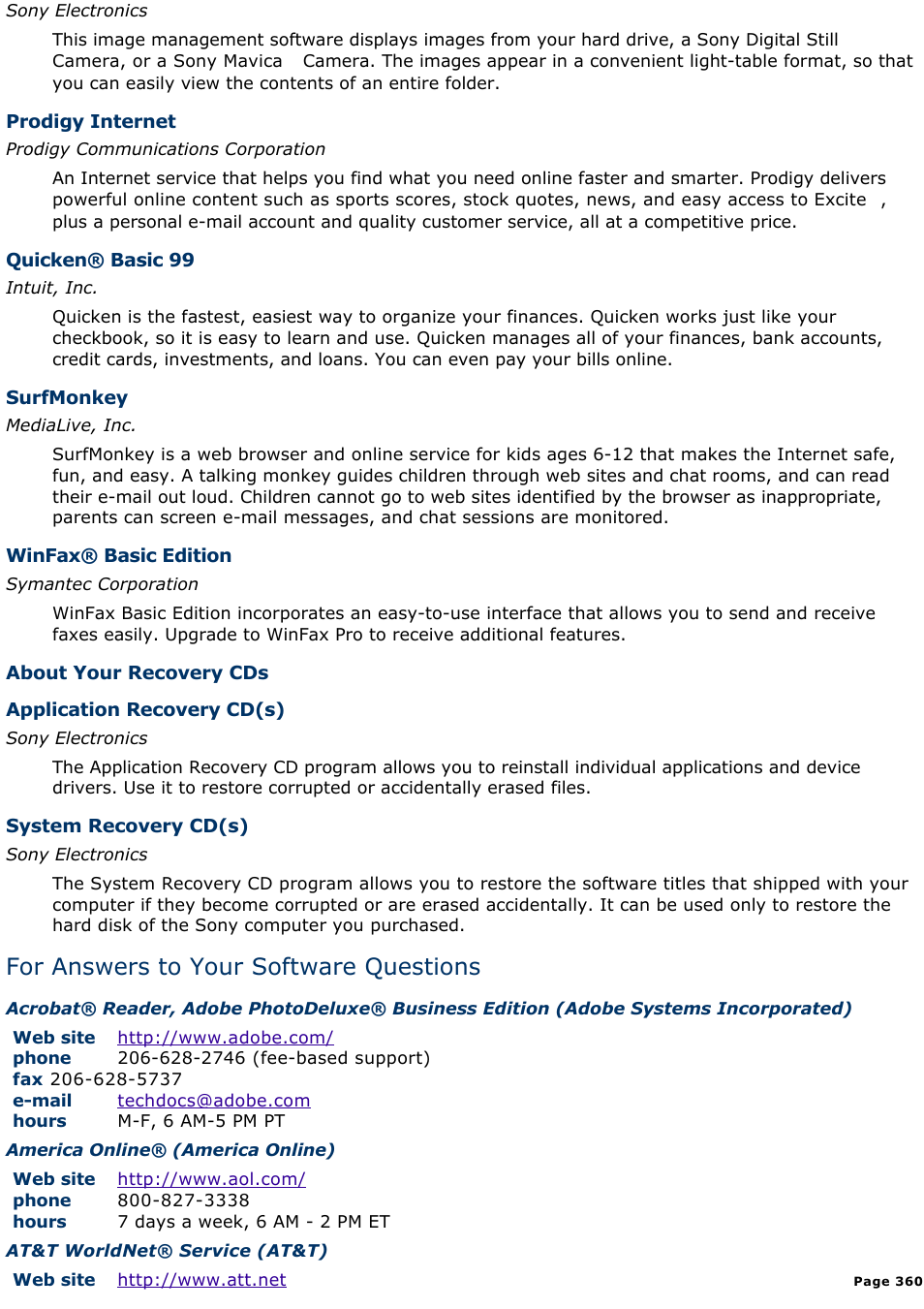 For answers to your software questions | Sony PCV-L600 User Manual | Page 360 / 1049