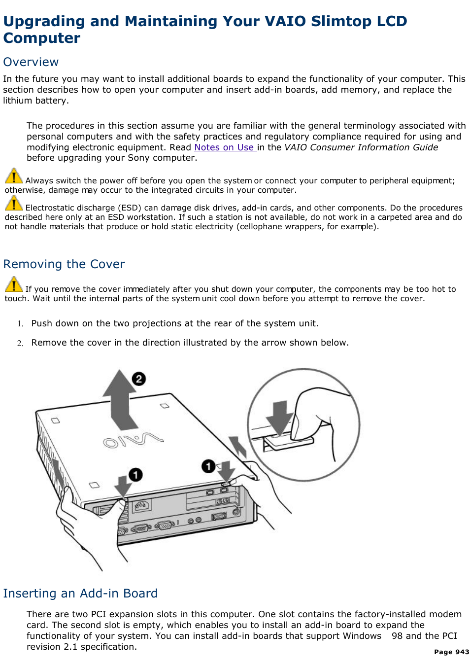 Replacing the lithium battery, Overview, Removing the cover | Inserting an add-in board | Sony PCV-L600 User Manual | Page 943 / 1049