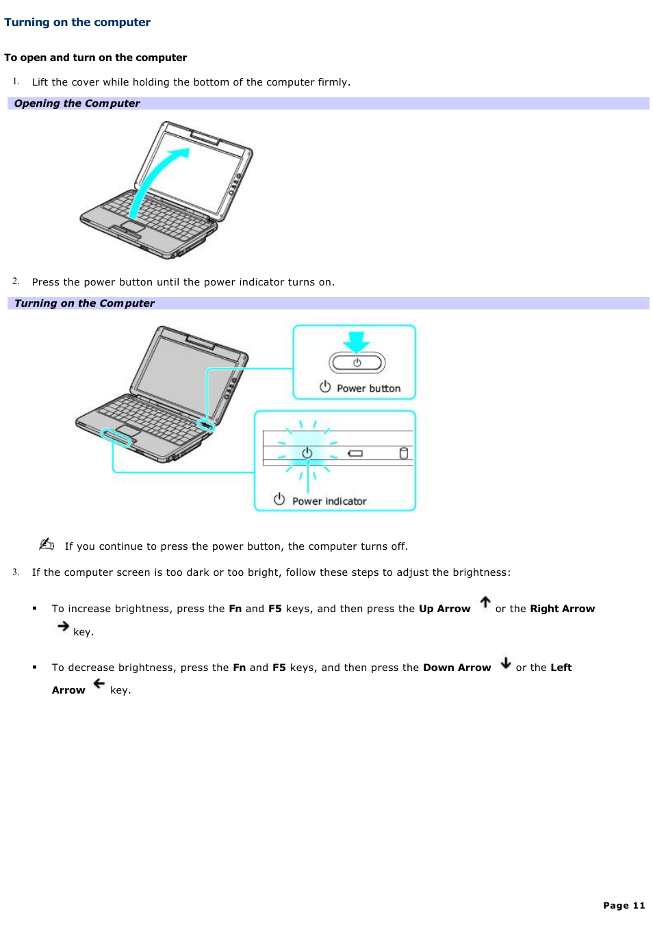 Turning on the computer | Sony PCG-TR3AP3 User Manual | Page 11 / 199