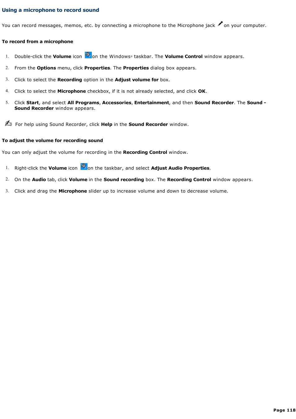 Using a microphone to record sound | Sony PCG-TR3AP3 User Manual | Page 118 / 199