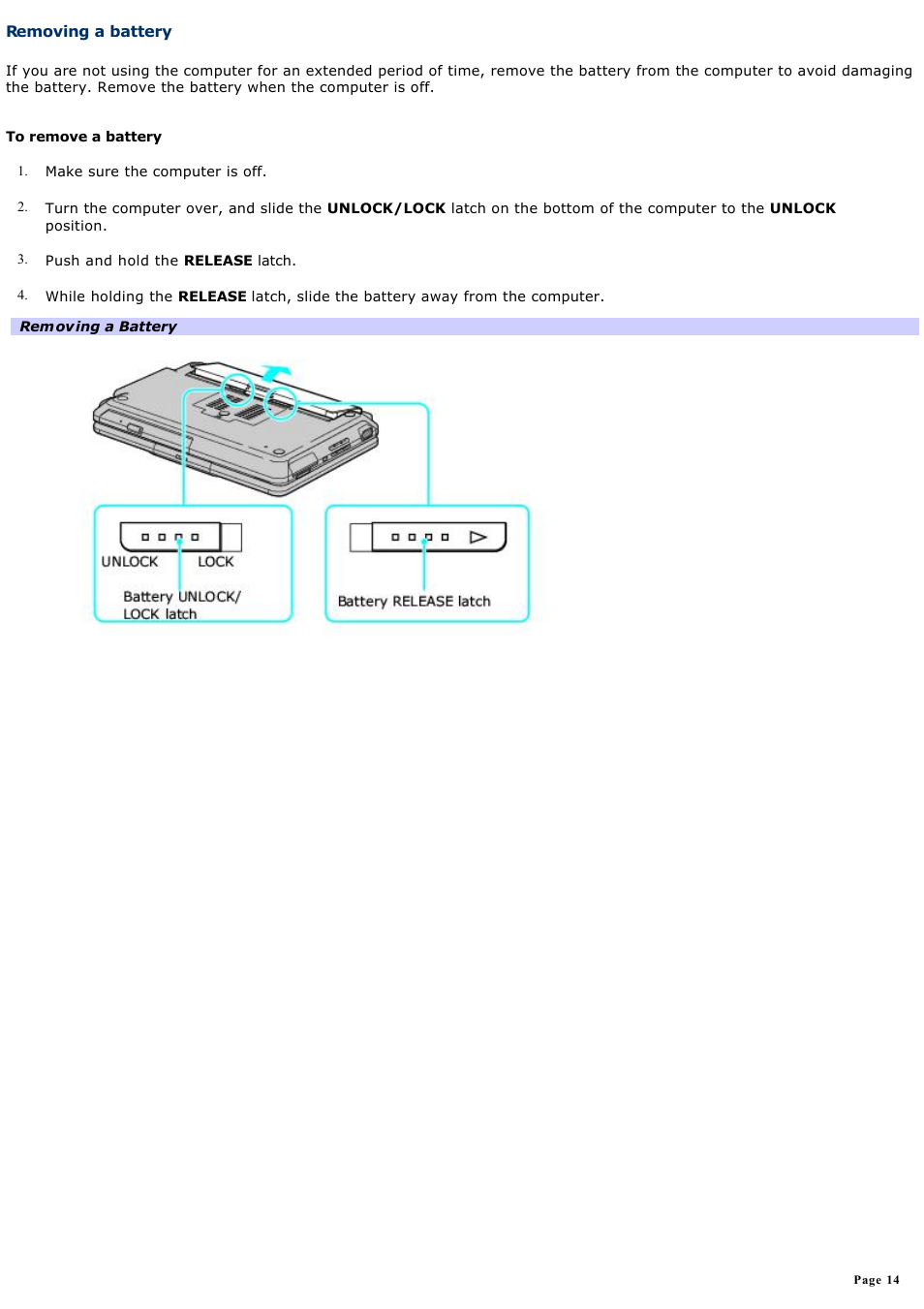 Removing a battery | Sony PCG-TR3AP3 User Manual | Page 14 / 199