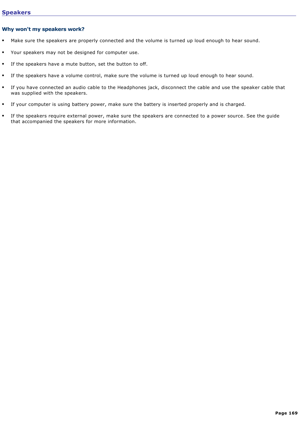 Why won't my speakers work | Sony PCG-TR3AP3 User Manual | Page 169 / 199