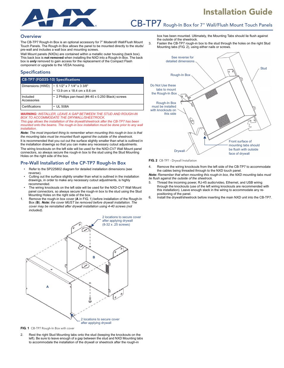 AMX Rough-In Box CB-TP7 User Manual | 2 pages