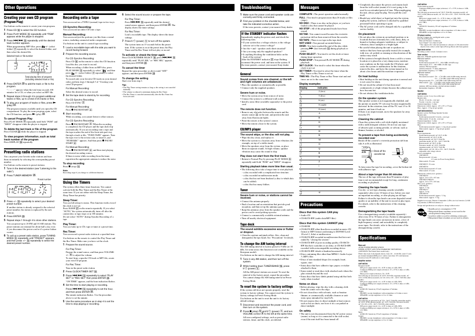 Other operations, Troubleshooting messages, Precautions | Speciﬁcations | Sony CMT-NEZ30 User Manual | Page 2 / 2