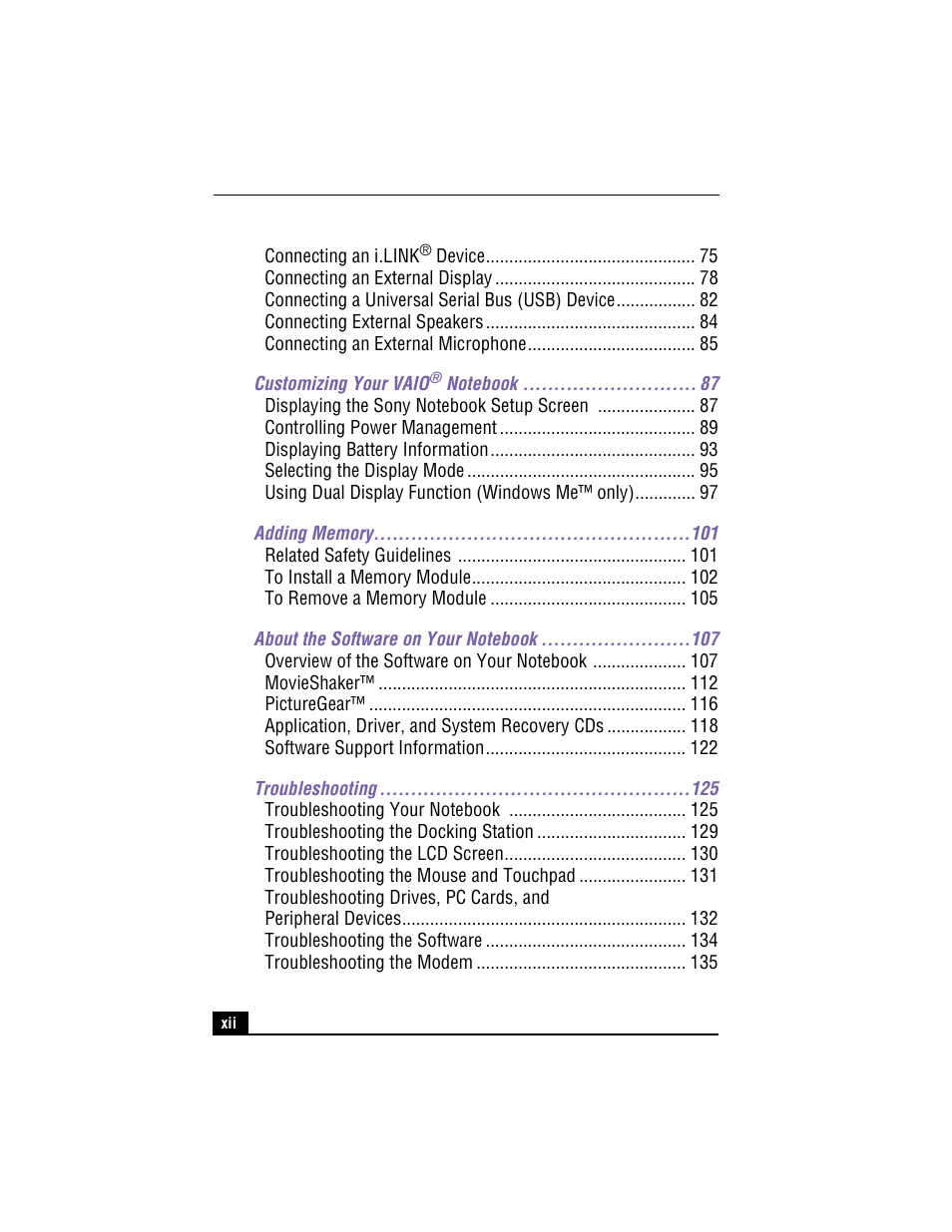 5 customizing your vaio® notebook 87, 6 adding memory 101, 7 about the software on your notebook 107 | 8 troubleshooting 125 | Sony PCG-R505TEK User Manual | Page 12 / 150