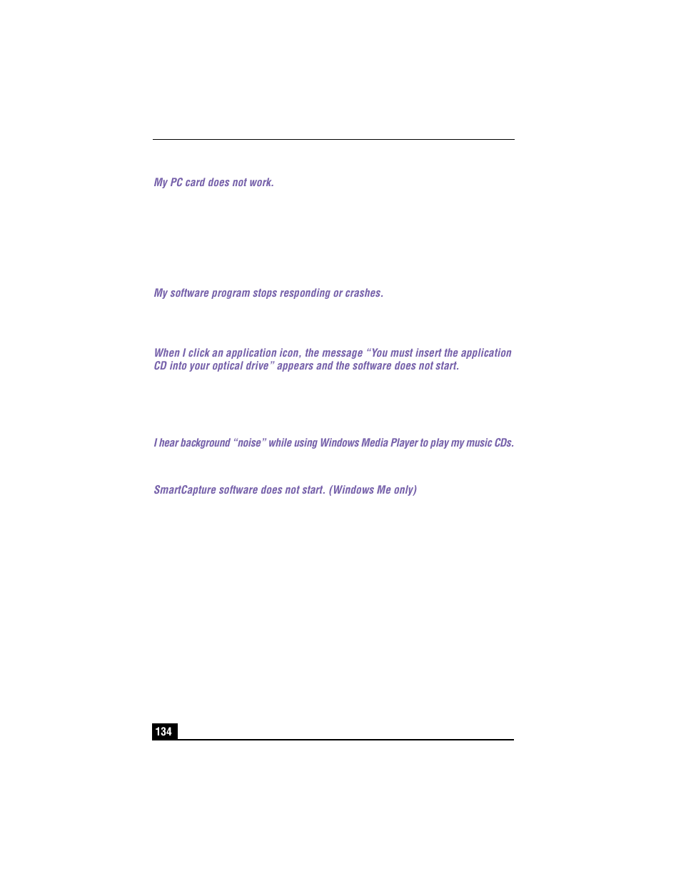 My pc card does not work, Troubleshooting the software, My software program stops responding or crashes | 3 click the setting tab, 4 click the advanced button, 6 6. click ok | Sony PCG-R505TEK User Manual | Page 134 / 150