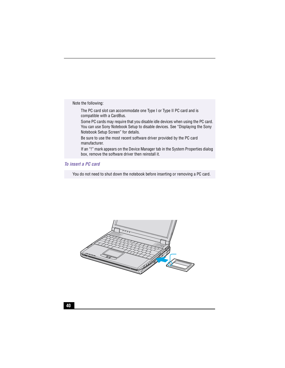 Using pc cards, To insert a pc card, Inserting pc card | Sony PCG-R505TEK User Manual | Page 40 / 150