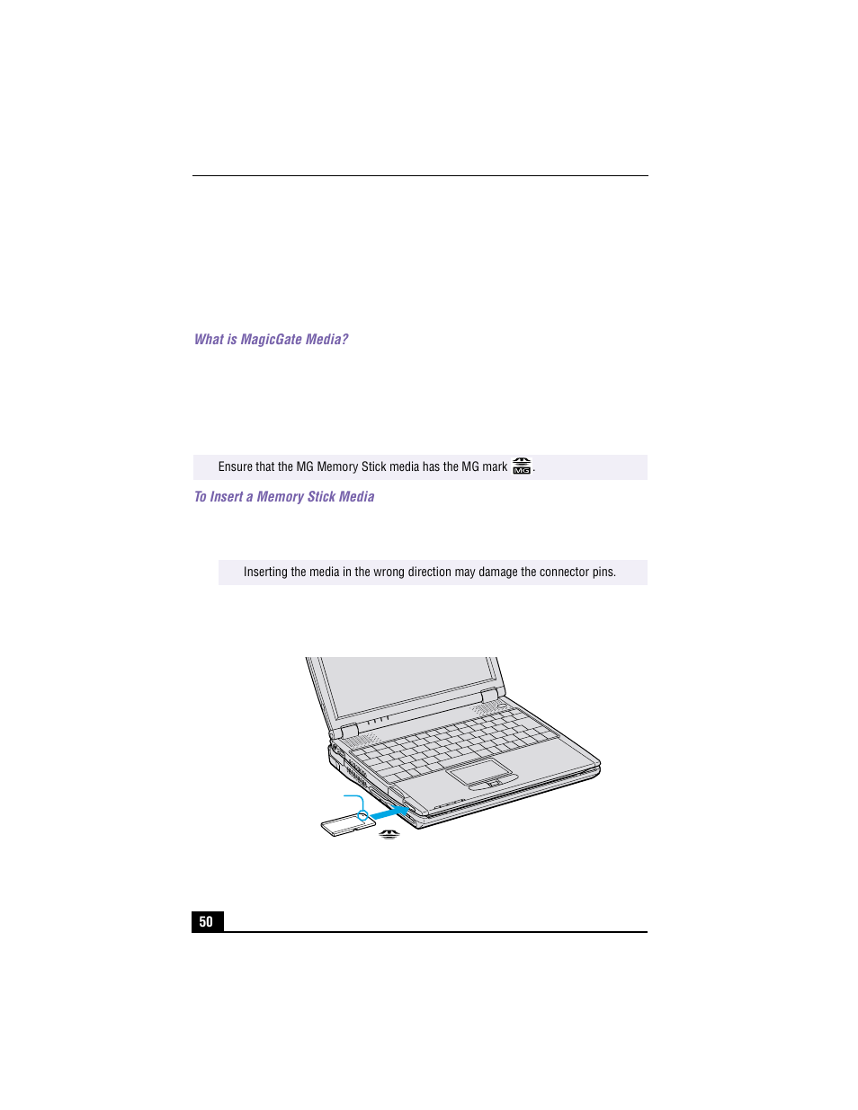 What is magicgate media, To insert a memory stick media, Inserting memory stick media | Sony PCG-R505TEK User Manual | Page 50 / 150