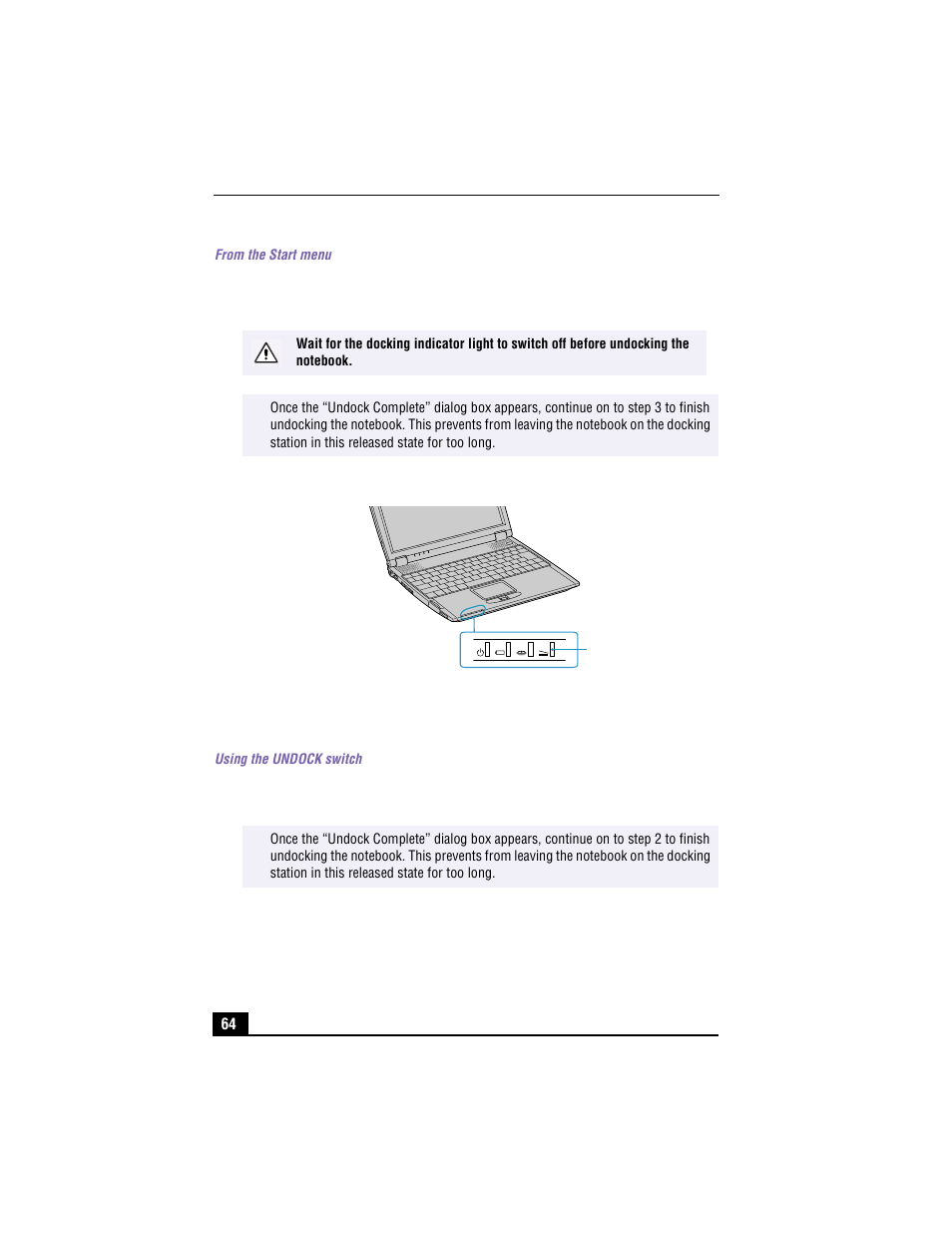 From the start menu, 1 click the start menu in the windows task tray, Docking indicator light | Using the undock switch | Sony PCG-R505TEK User Manual | Page 64 / 150