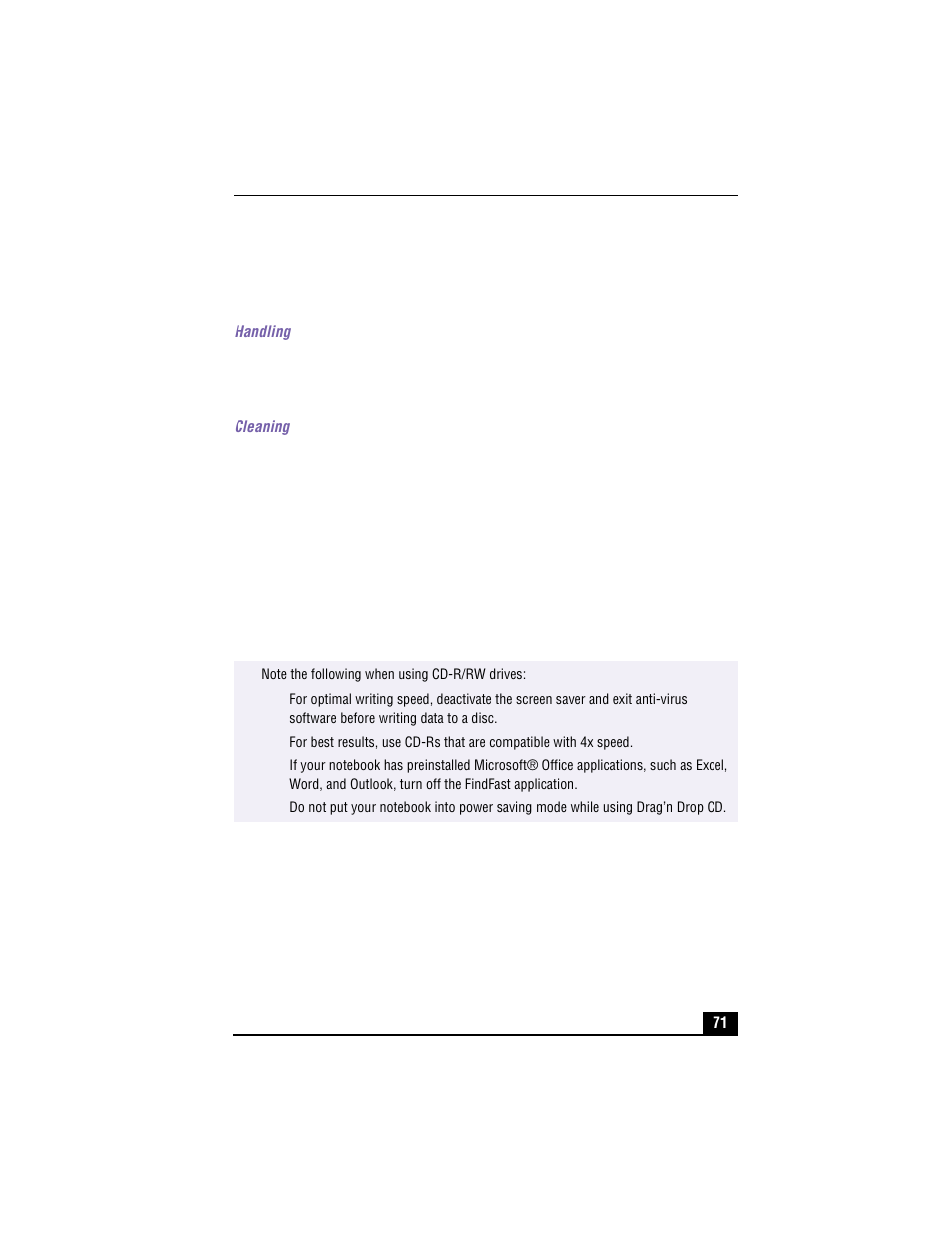 Handling and cleaning cd and dvd media, Handling, Cleaning | Writing data to cd-r/rw media | Sony PCG-R505TEK User Manual | Page 71 / 150