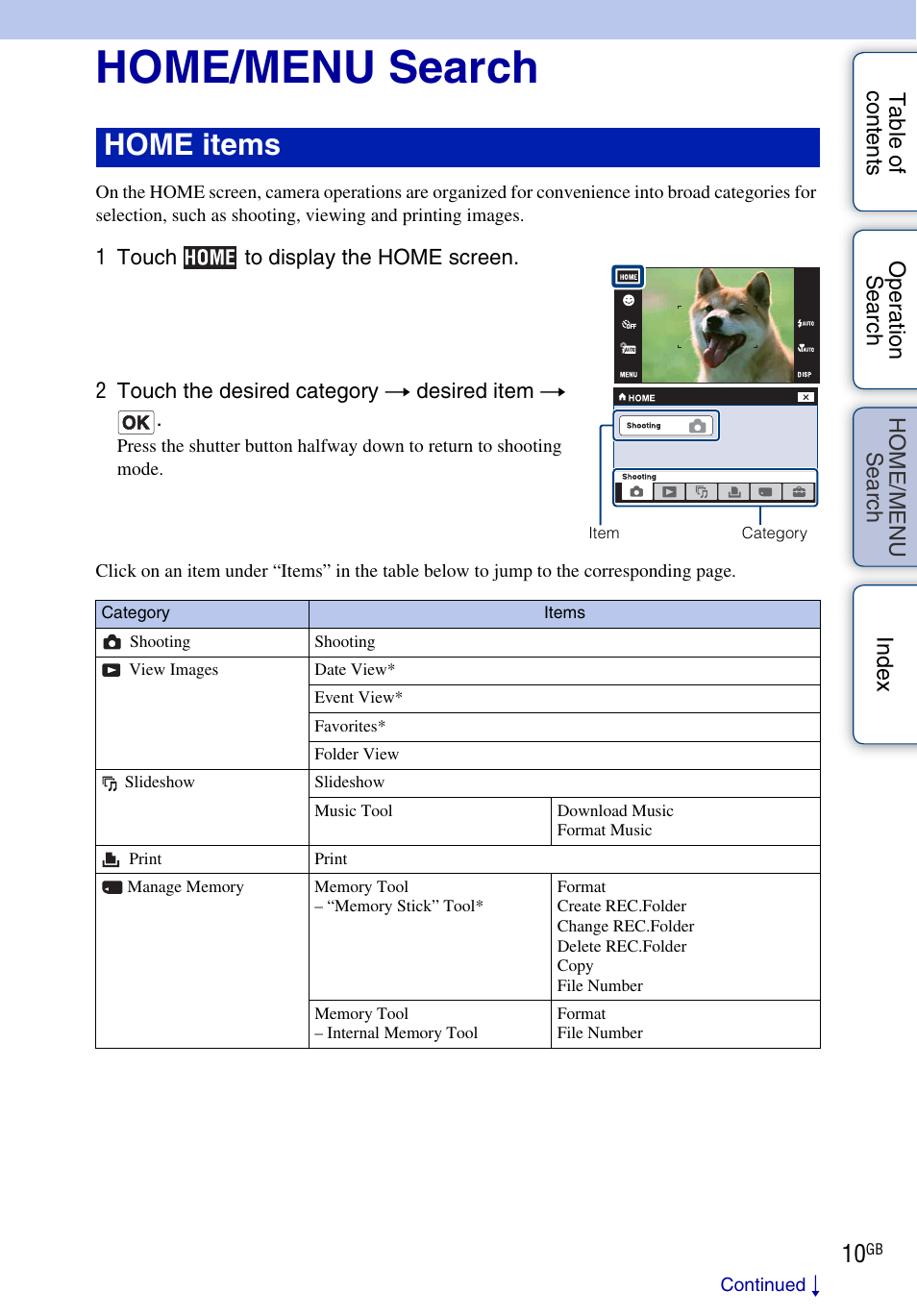 Home/menu search, Se arc h, Home items | Sony DSC-T900 User Manual | Page 10 / 170