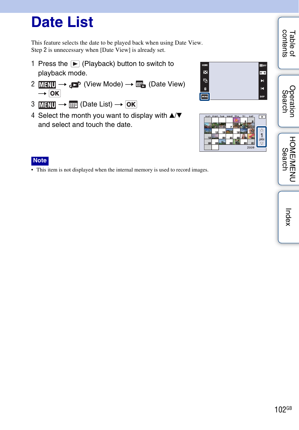 Date list, Date list) | Sony DSC-T900 User Manual | Page 102 / 170