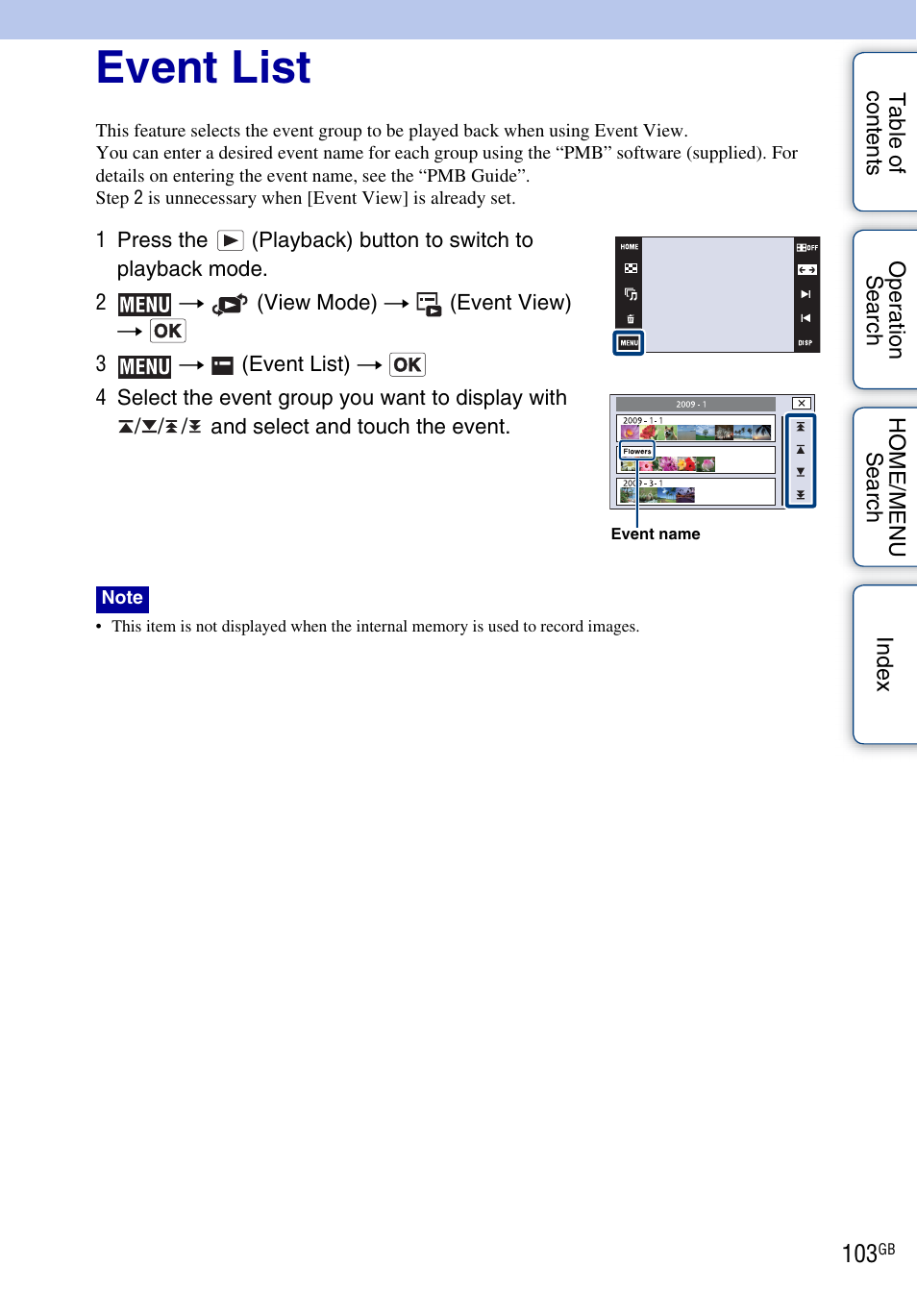 Event list, Event list) | Sony DSC-T900 User Manual | Page 103 / 170