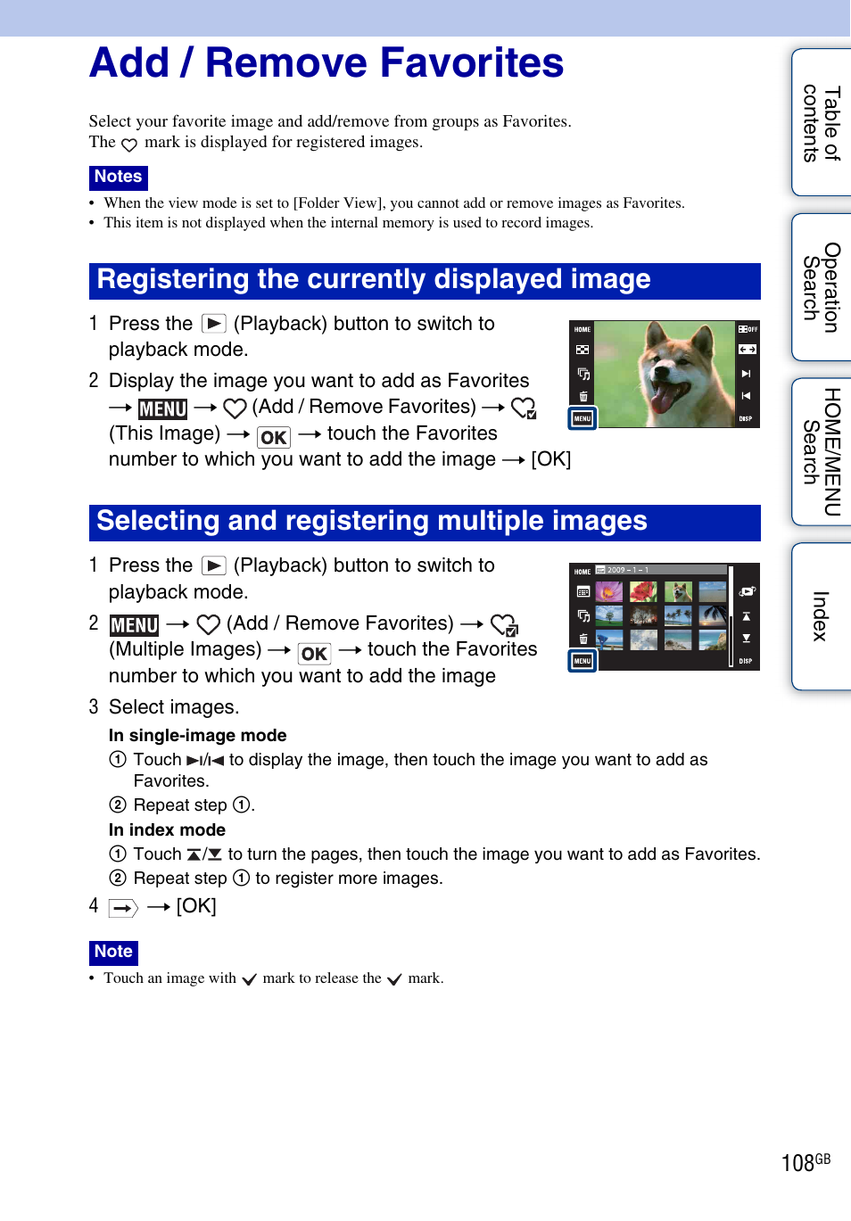 Add / remove favorites, Add / remove, Favorites) | Sony DSC-T900 User Manual | Page 108 / 170