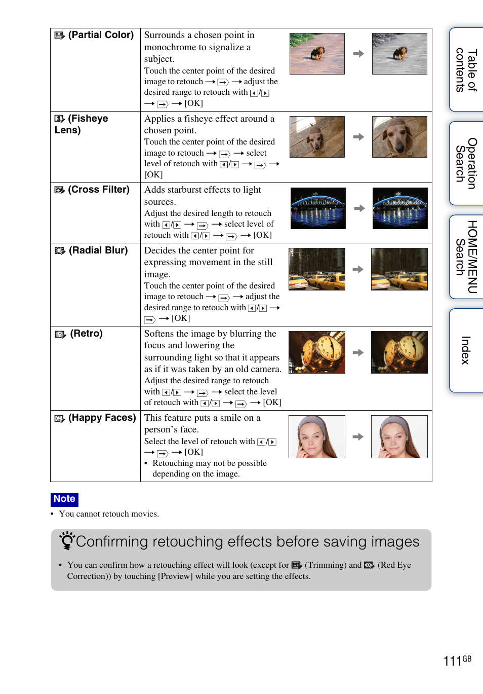 Confirming retouching effects before saving images | Sony DSC-T900 User Manual | Page 111 / 170