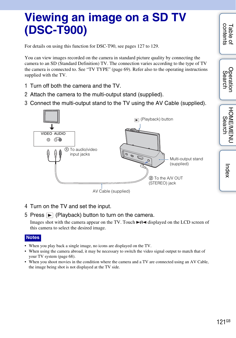 Viewing an image on a sd tv (dsc-t900), Viewing an image on a sd tv (dsc-t900)······ 121 | Sony DSC-T900 User Manual | Page 121 / 170