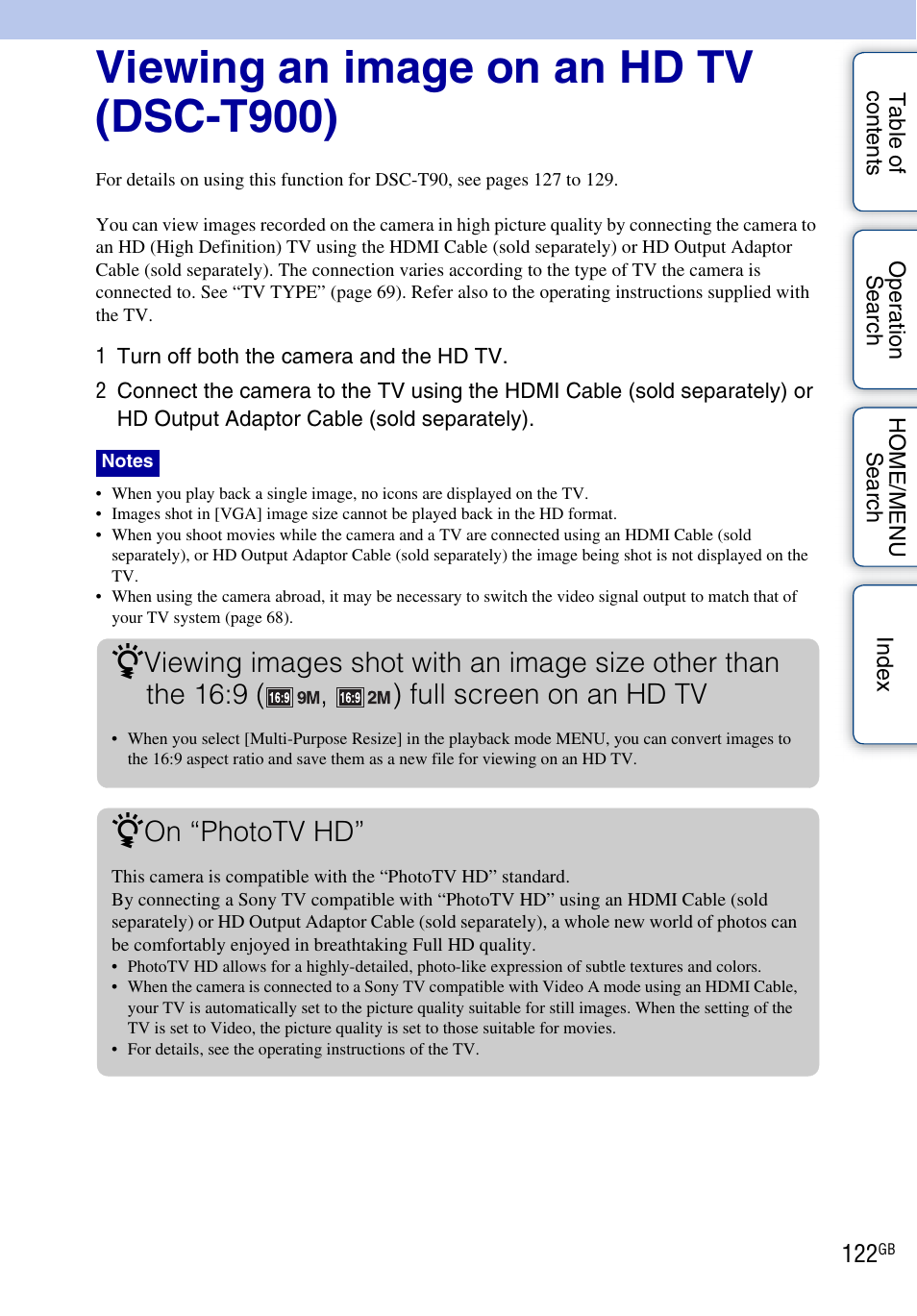 Viewing an image on an hd tv (dsc-t900), Viewing an image on an hd tv (dsc-t900)···· 122, On “phototv hd | Sony DSC-T900 User Manual | Page 122 / 170