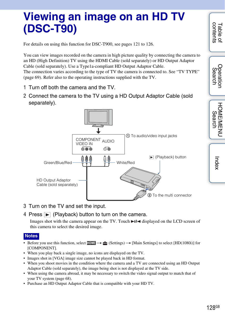 Viewing an image on an hd tv (dsc-t90), Viewing an image on an hd tv (dsc-t90)······ 128 | Sony DSC-T900 User Manual | Page 128 / 170