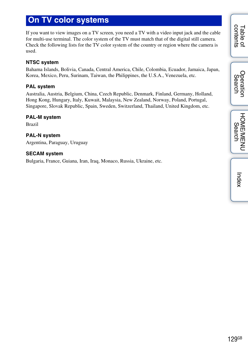 To 129, On tv color systems | Sony DSC-T900 User Manual | Page 129 / 170