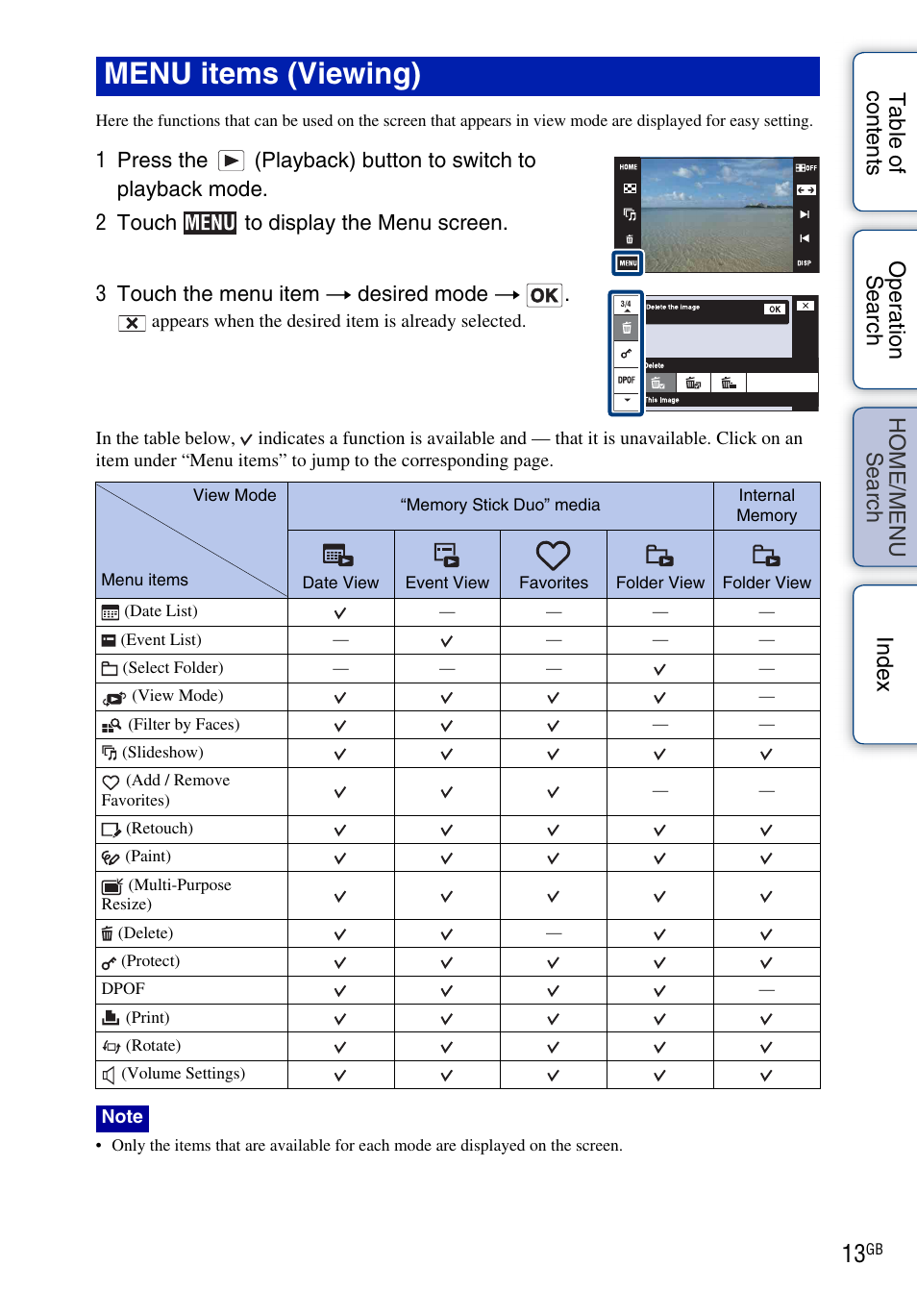 Menu items (viewing) | Sony DSC-T900 User Manual | Page 13 / 170