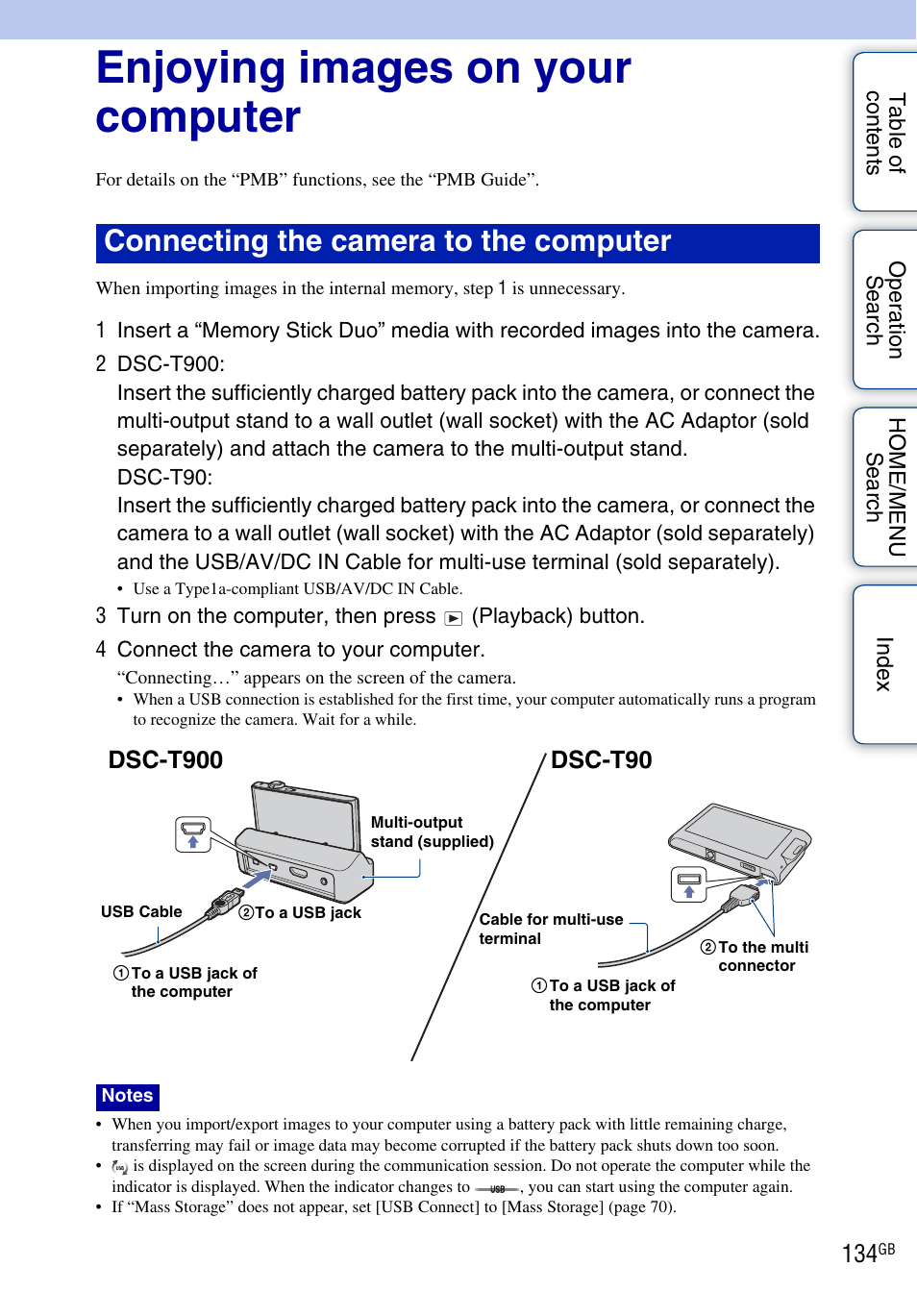 Enjoying images on your computer, Connecting the camera to the computer | Sony DSC-T900 User Manual | Page 134 / 170