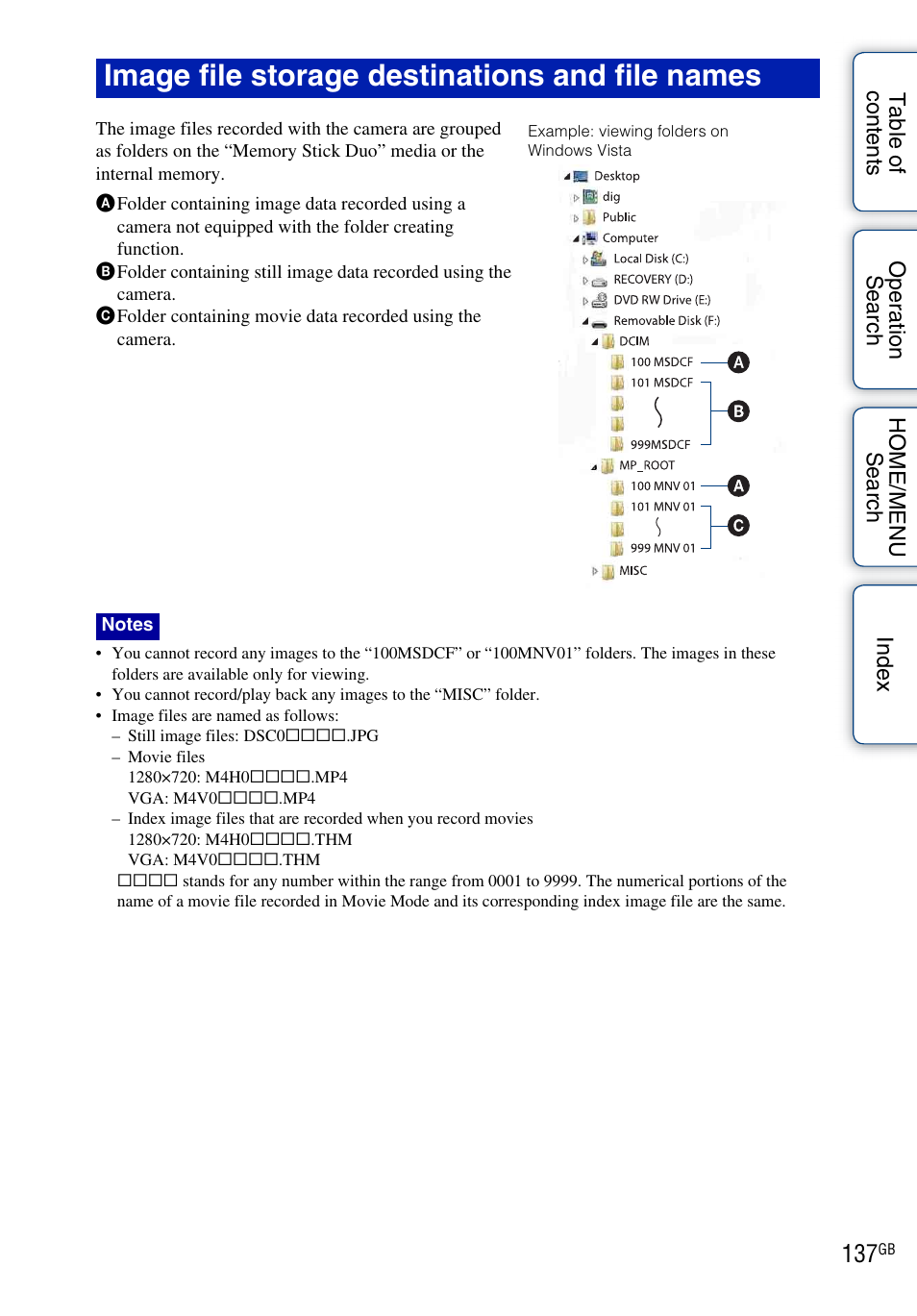 Image file storage destinations and file names | Sony DSC-T900 User Manual | Page 137 / 170