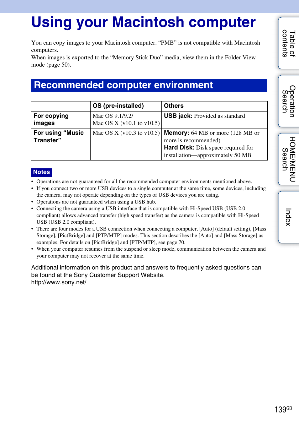 Using your macintosh computer, Recommended computer environment | Sony DSC-T900 User Manual | Page 139 / 170