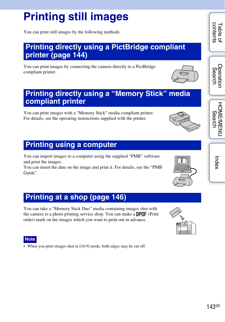 Printing still images | Sony DSC-T900 User Manual | Page 143 / 170