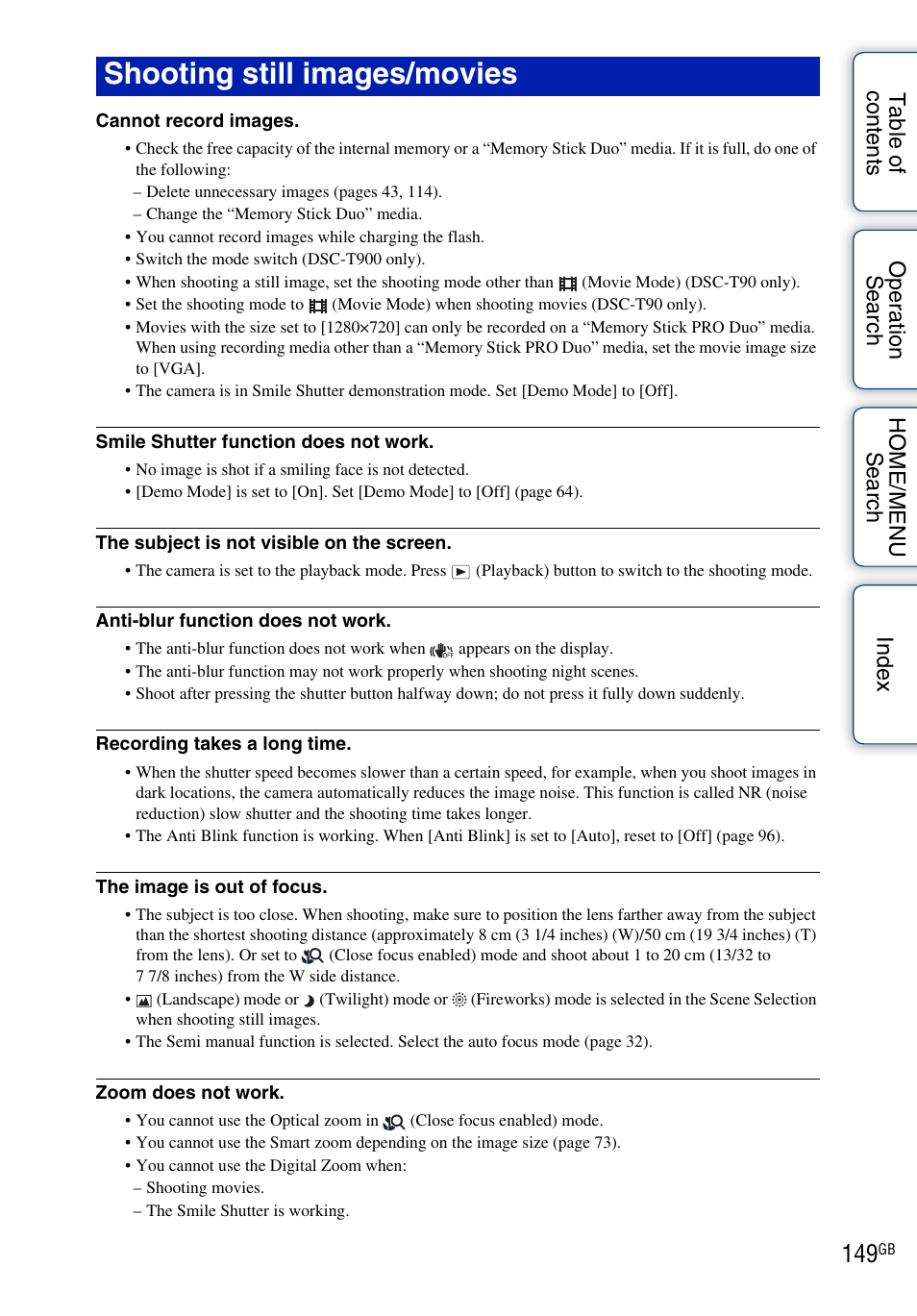 Shooting still images/movies | Sony DSC-T900 User Manual | Page 149 / 170