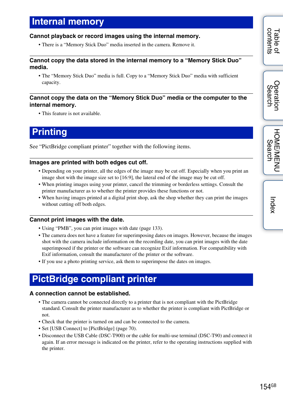 Internal memory, Printing, Pictbridge compliant printer | Sony DSC-T900 User Manual | Page 154 / 170