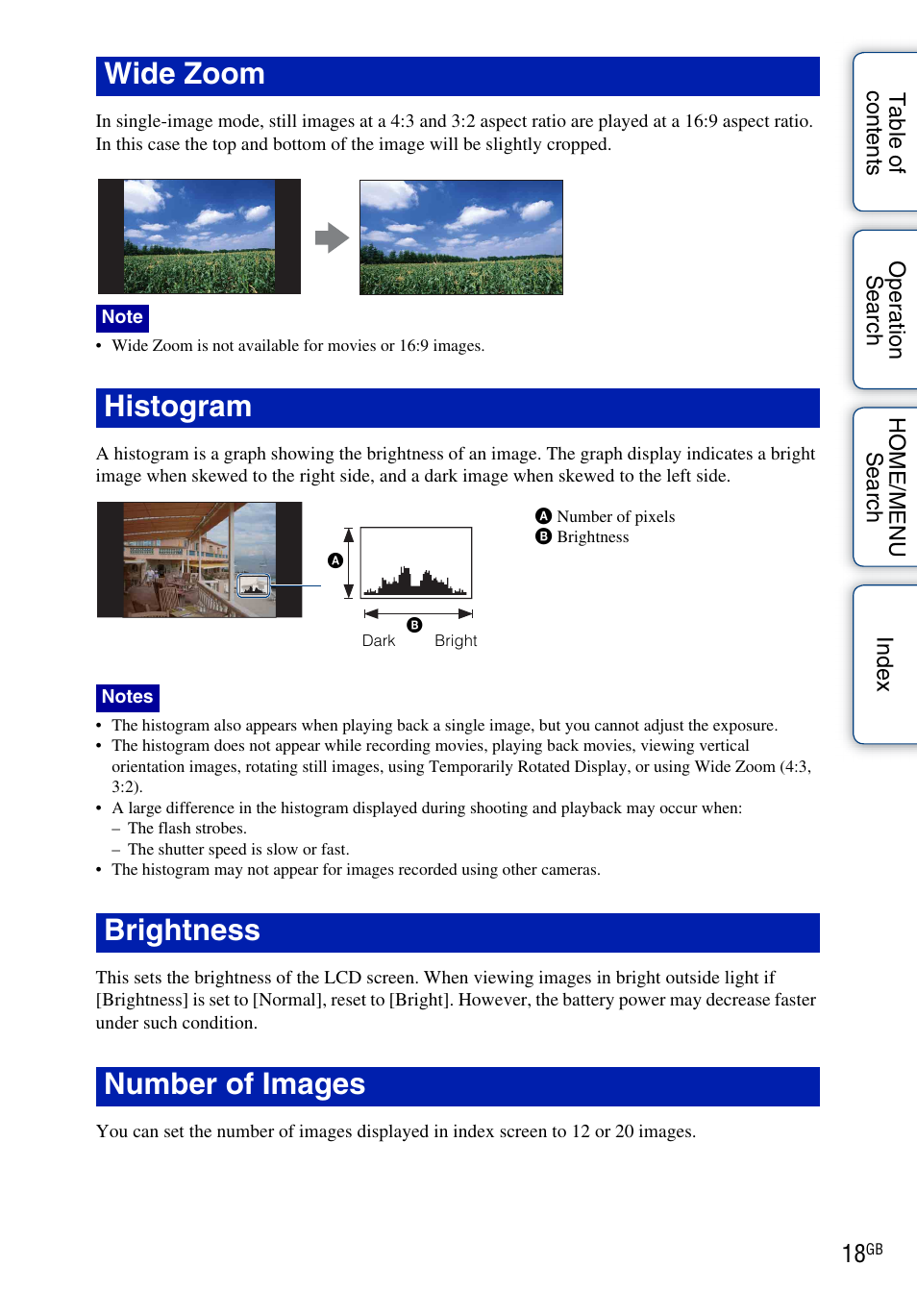 Wide zoom, Histogram, Brightness number of images | Sony DSC-T900 User Manual | Page 18 / 170