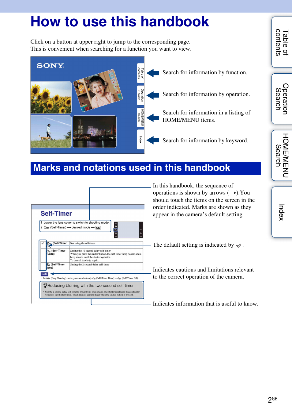 How to use this handbook, Marks and notations used in this handbook | Sony DSC-T900 User Manual | Page 2 / 170