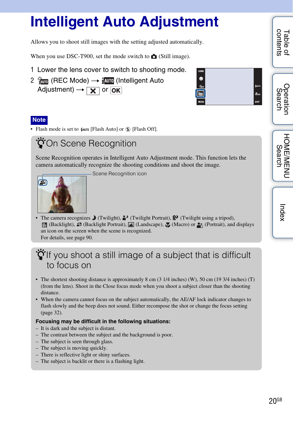 Intelligent auto adjustment, Shooting, On scene recognition | Sony DSC-T900 User Manual | Page 20 / 170