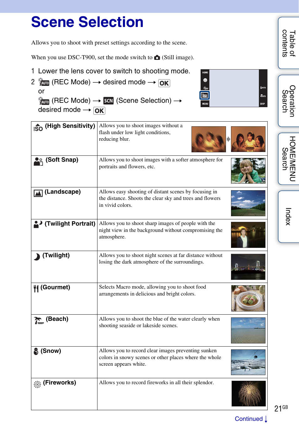 Scene selection | Sony DSC-T900 User Manual | Page 21 / 170