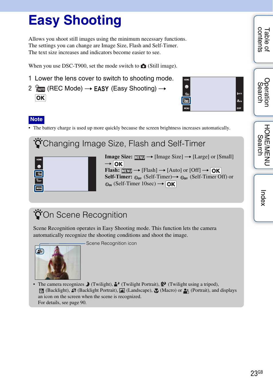 Easy shooting, Changing image size, flash and self-timer, On scene recognition | Sony DSC-T900 User Manual | Page 23 / 170