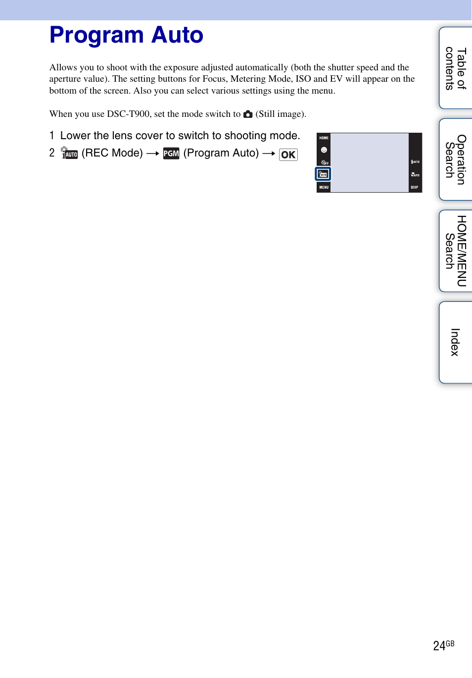 Program auto | Sony DSC-T900 User Manual | Page 24 / 170