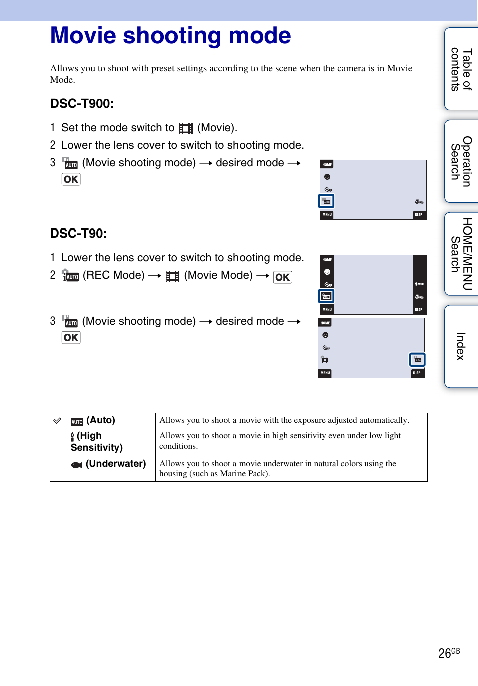 Movie shooting mode | Sony DSC-T900 User Manual | Page 26 / 170