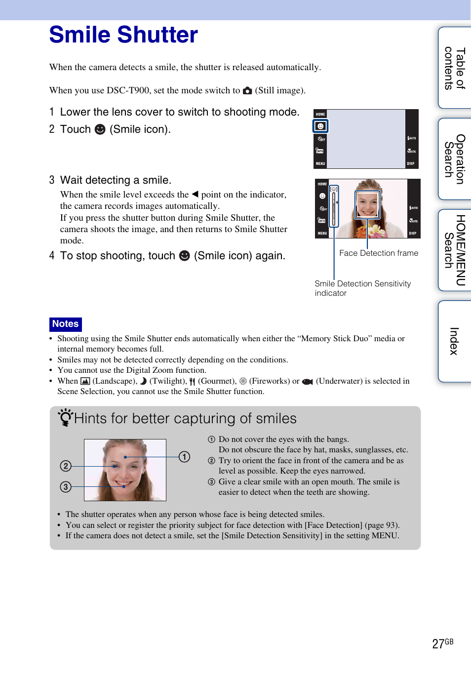 Smile shutter, Hints for better capturing of smiles | Sony DSC-T900 User Manual | Page 27 / 170