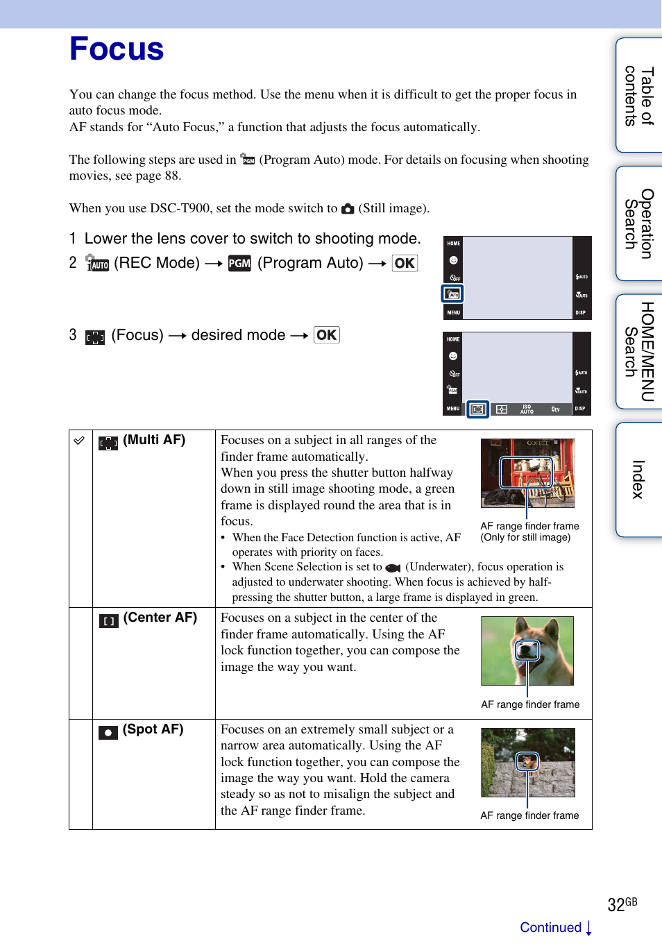 Focus | Sony DSC-T900 User Manual | Page 32 / 170