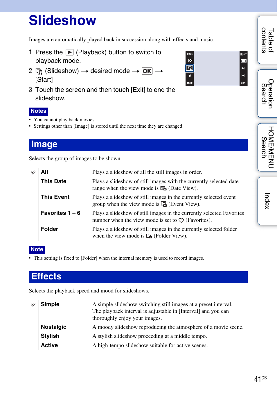 Slideshow, Slideshow), Image | Effects | Sony DSC-T900 User Manual | Page 41 / 170