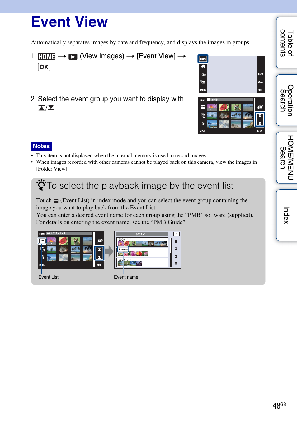 Event view | Sony DSC-T900 User Manual | Page 48 / 170