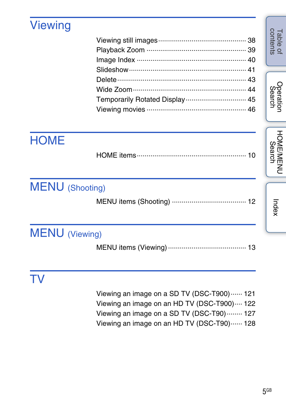 Viewing, Home, Menu | Sony DSC-T900 User Manual | Page 5 / 170