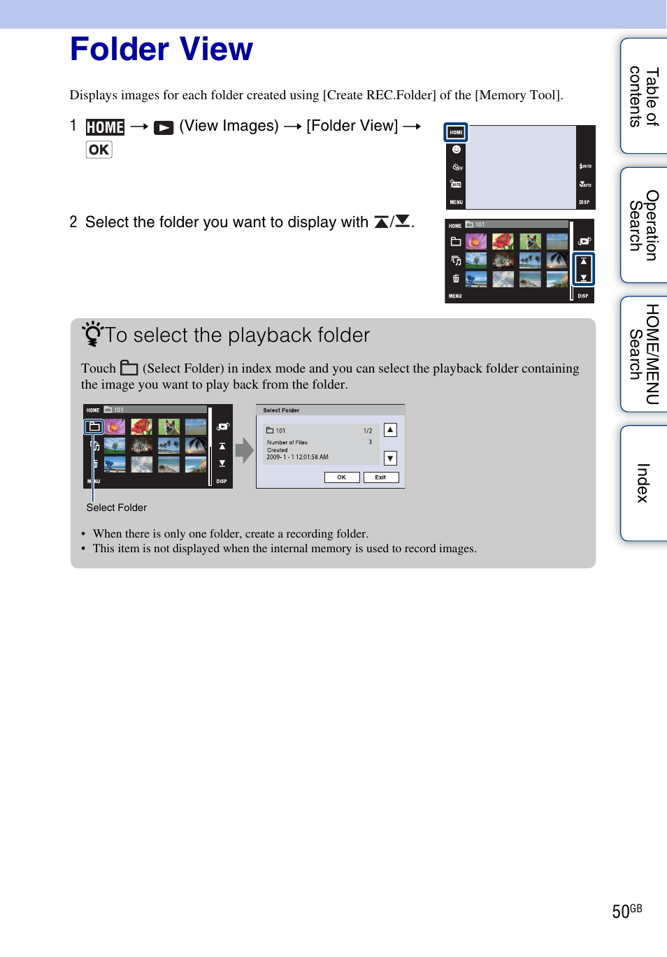 Folder view | Sony DSC-T900 User Manual | Page 50 / 170