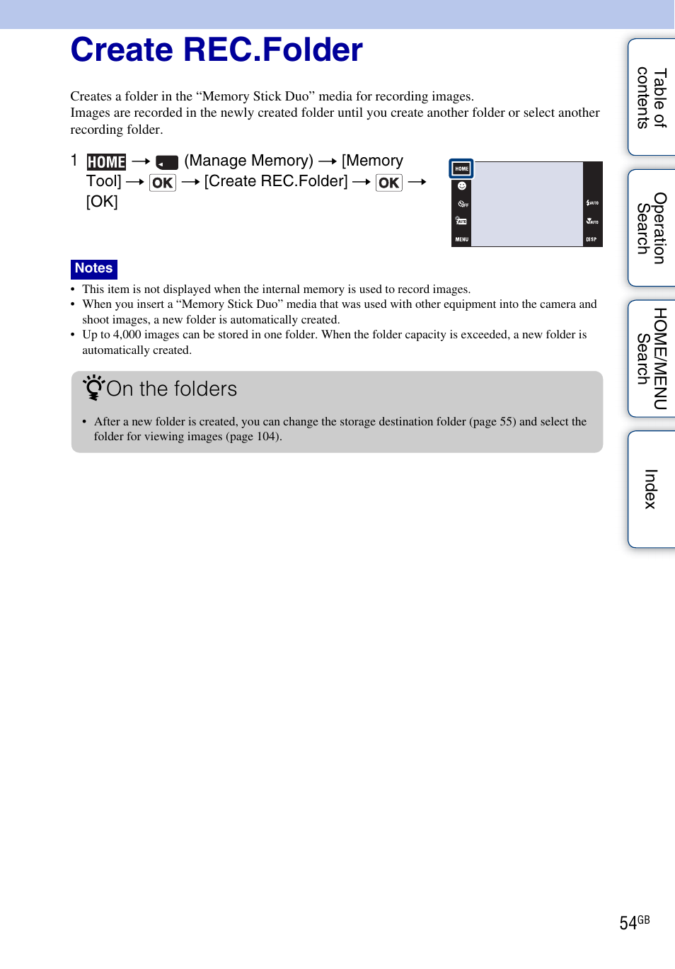 Create rec.folder, On the folders | Sony DSC-T900 User Manual | Page 54 / 170