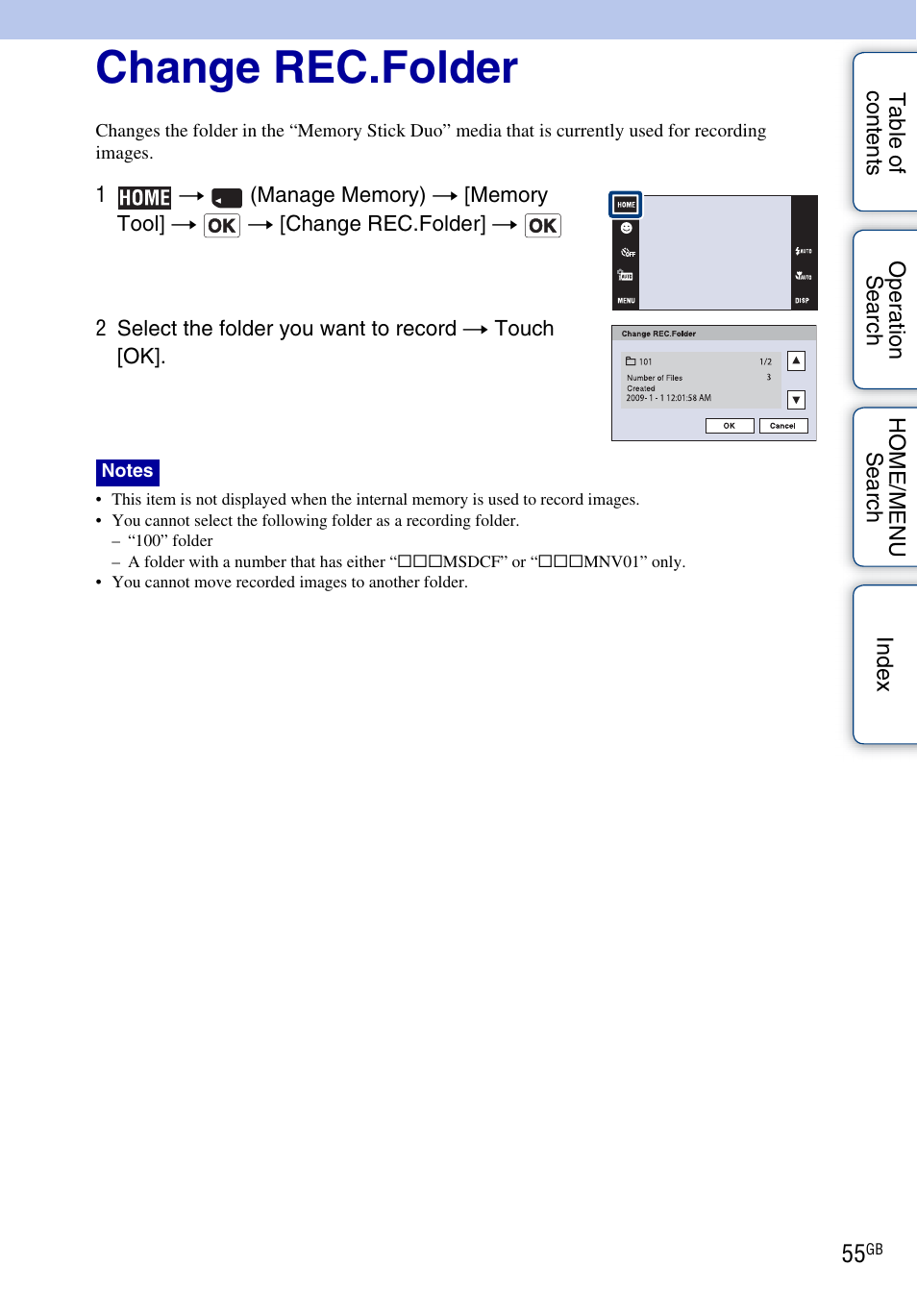 Change rec.folder | Sony DSC-T900 User Manual | Page 55 / 170