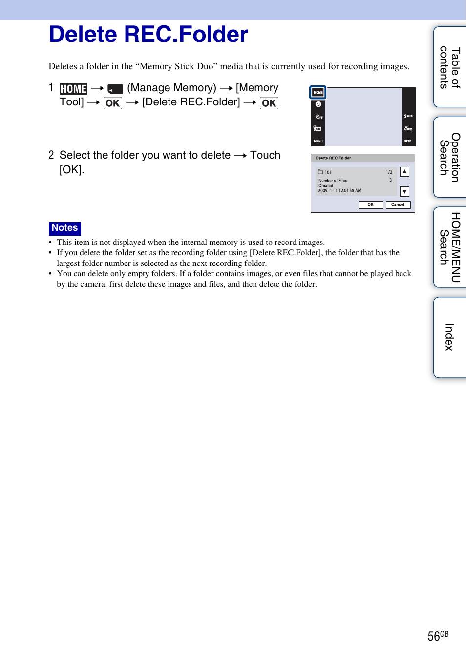 Delete rec.folder | Sony DSC-T900 User Manual | Page 56 / 170