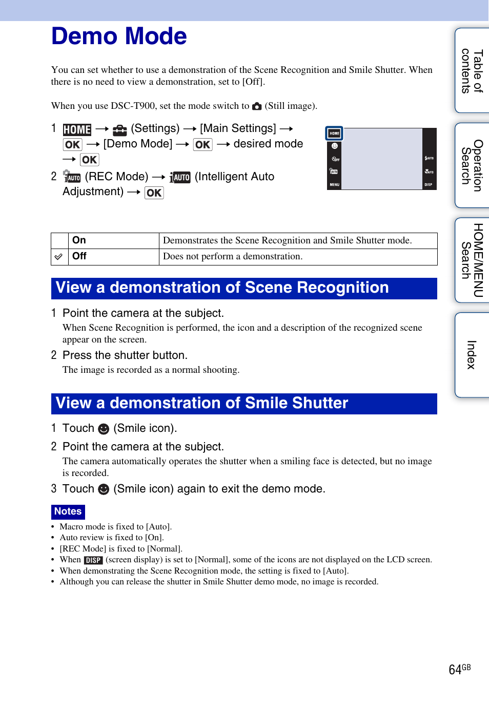 Demo mode | Sony DSC-T900 User Manual | Page 64 / 170