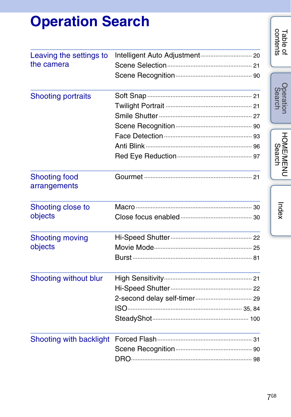 Operation search, Ati on | Sony DSC-T900 User Manual | Page 7 / 170